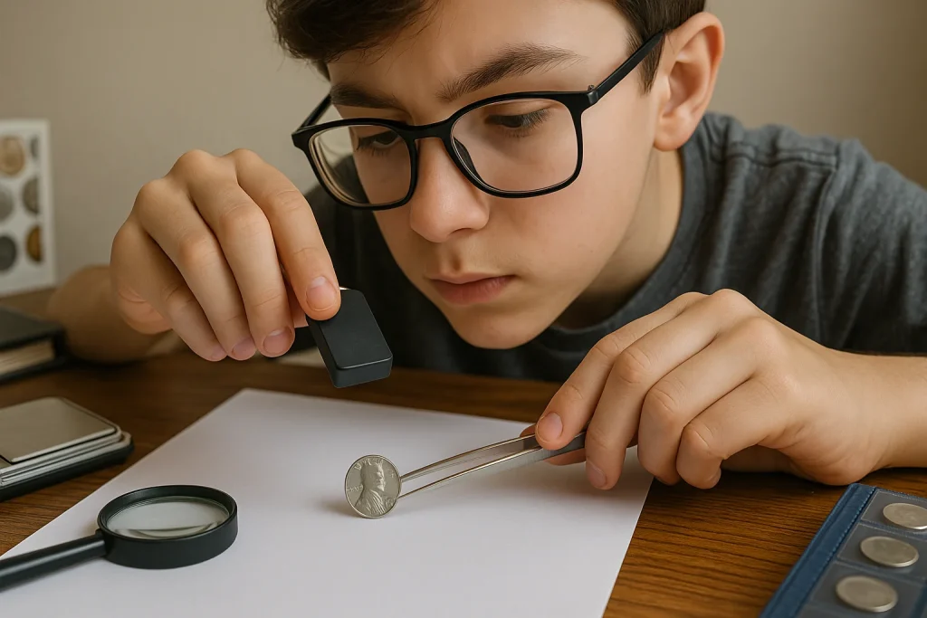 A curious teenager conducts a magnet test on a shiny 1943 penny, surrounded by coin tools and a collector’s album.