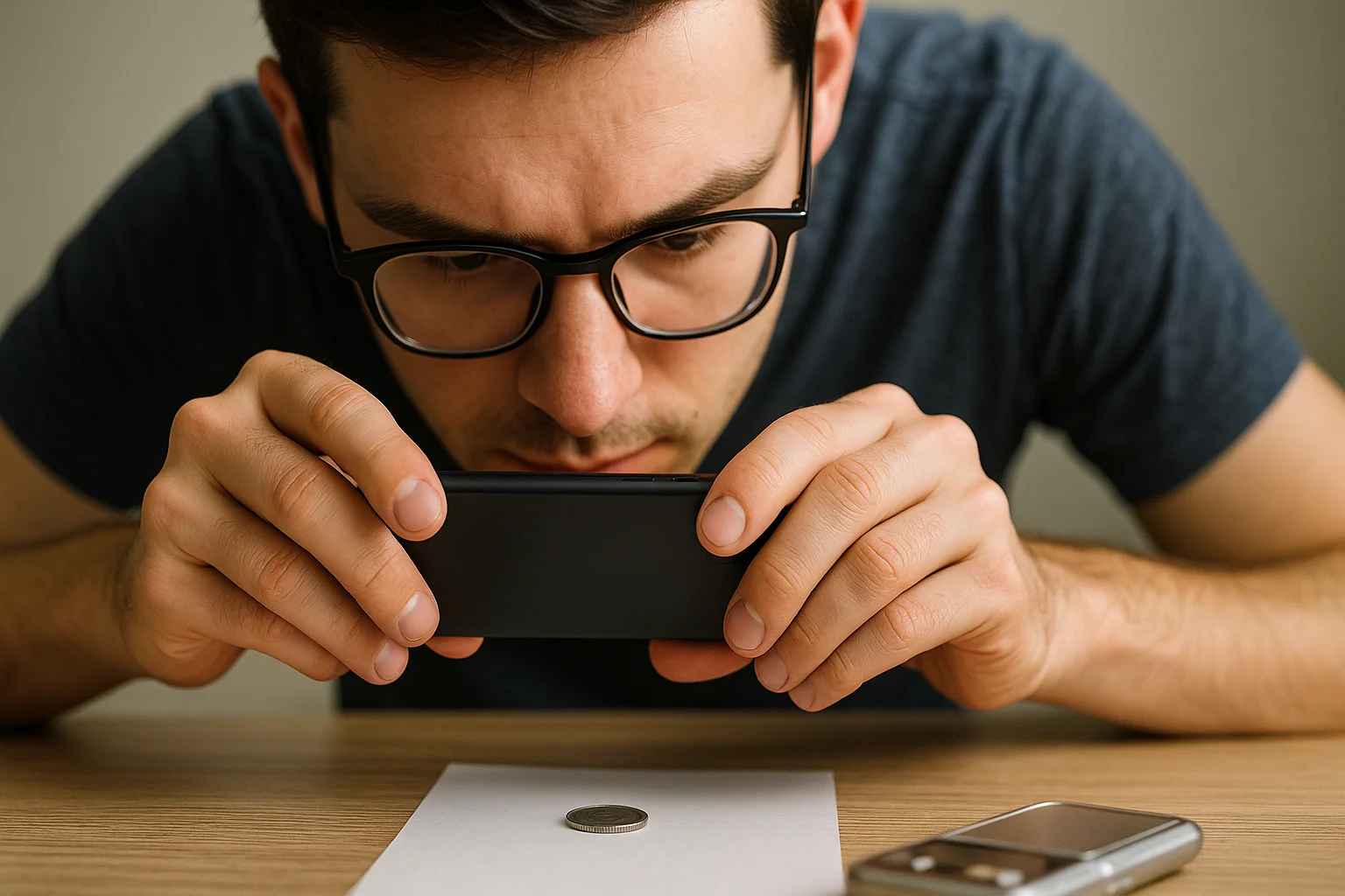 A young man leans over a table to photograph a coin with his smartphone to identify its background with a special app.