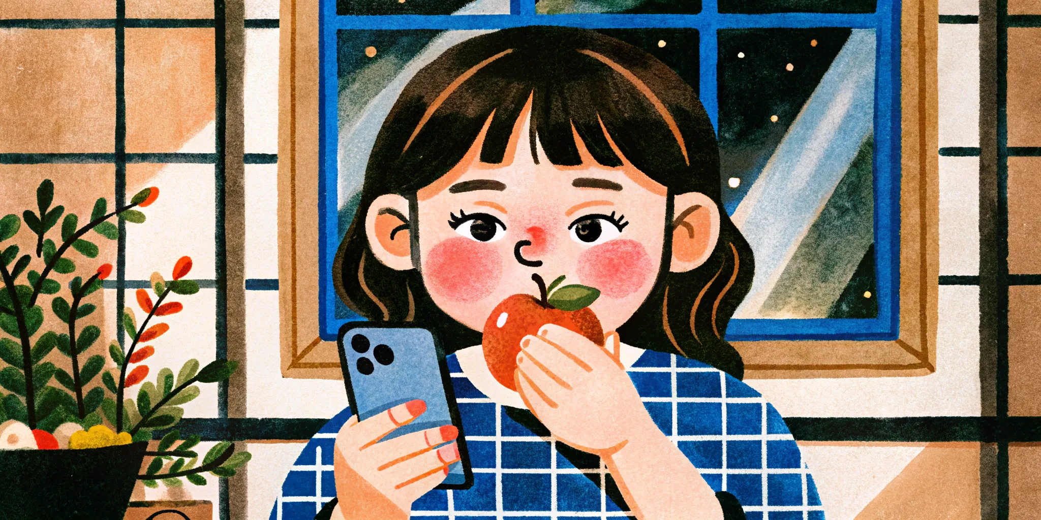a girl eats an apple and holds a phone and looks at it