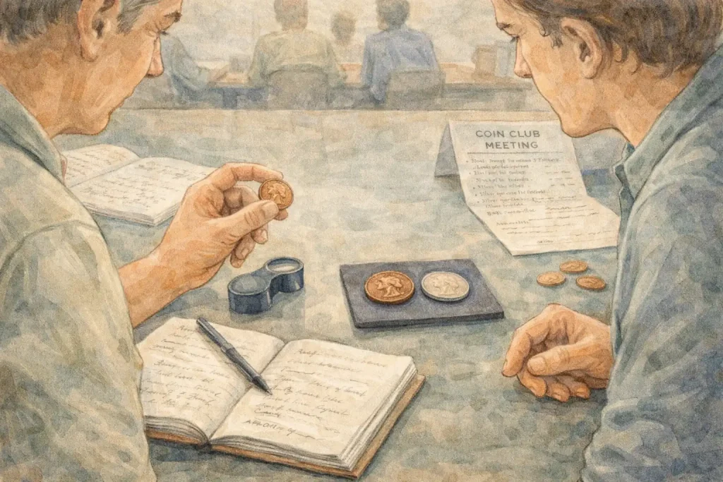 Two collectors observe a 1944 penny during the numismatic club meeting.