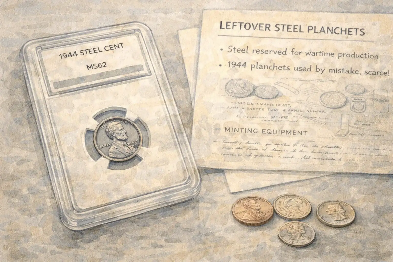 A 1944 steel cent in a protective slab with notes lying nearby.