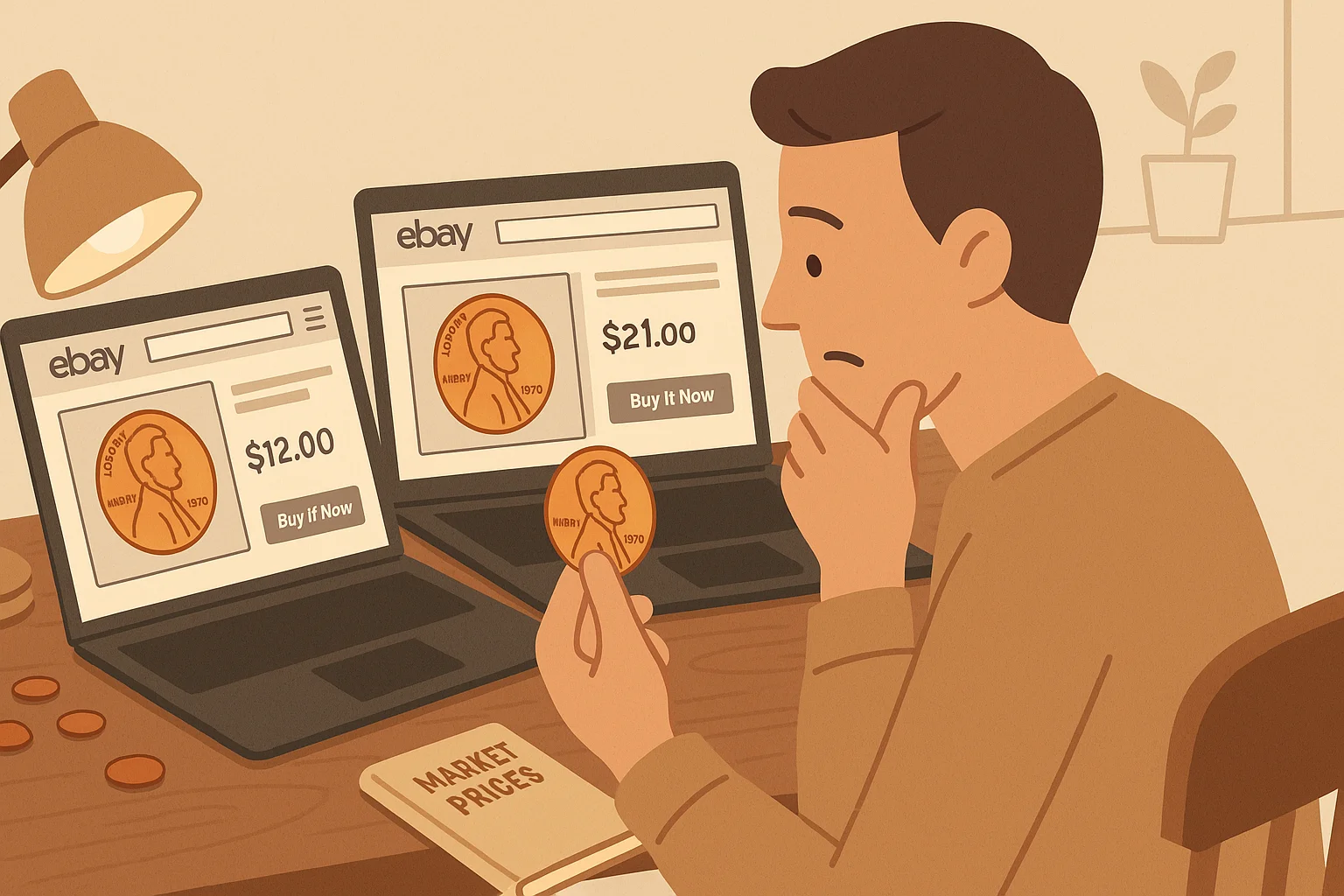 A beginner stares confused at the same coin valued differently on eBay.