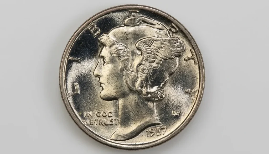 Close-up of 1937 Mercury dime obverse showing Liberty head
