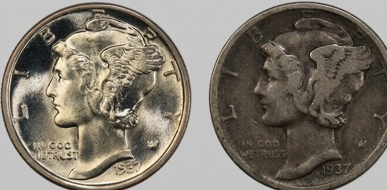 Macro comparison of worn and mint condition 1937 Mercury dimes